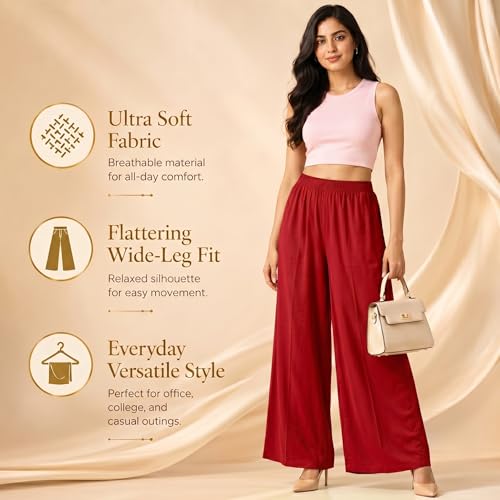 Image of Women Plazzo | Rayon Wide Leg for Women | Elastic Waist Flared Palazo Trousers | Comfortable Casual & Ethnic Wear Palazzo Pants