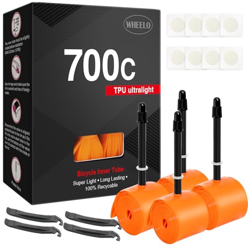 WHEELO 4-Pack TPU 700C18-32C Bike Inner Tube: Lightweight Road Bicycle Tube with 65mm Presta Valves (Include 8PCS Bike Tube Patch Repair Kit)