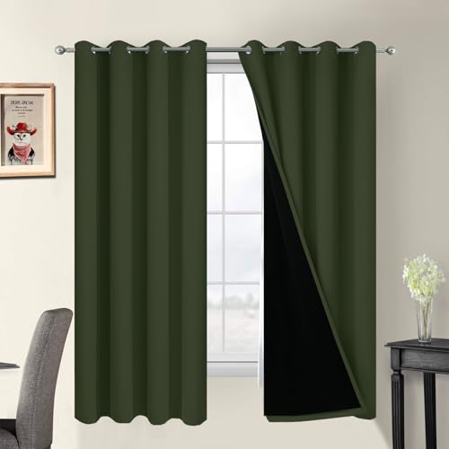 Image of Yakamok Greyish Green 100% Blackout Curtains 63 Inches Long 52 inch Wide, 2 PCS | Blackout Curtain Panels for Bedroom, 2 Thick Layers Grommet Top Thermal Insulated Drapes with Black Liner for Living Room
