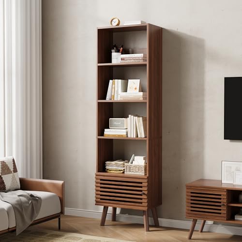 Furnify Open Shelf Cube Bookcase 68 Tall Freestanding Bookshelf Slatted Door Narrow Corner Bookcase with 5 Cubes Mid-Century Modern Display Storage Cabinet for Living Room Home Office Walnut