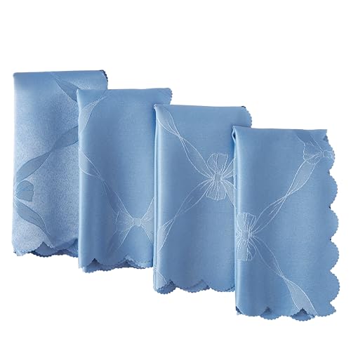 Newbridge Ribbons and Bows Damask Fabric Napkins, Set of 4 – Wrinkle and Stain Resistant Cloth Napkins for Dining, Parties, and Holidays, Blue