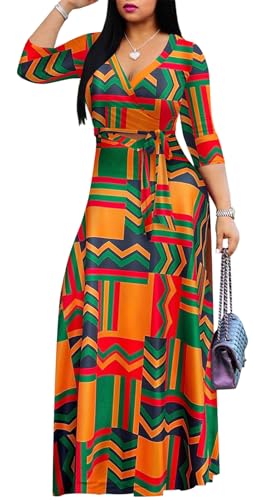 Image of Women's Floral Maxi Dress Summer Casual V-Neck 3 /4 Sleeve Long Bohemian Print Evening Party Dress
