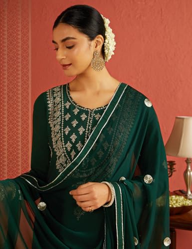 Image of Kaari Women's Embroidered Kurta Set with Dupatta - Straight Fit | Silk Blend Fabric with Zari Embroidery | Gota Patti Work Cotton Dupatta | Kurta Set For Women