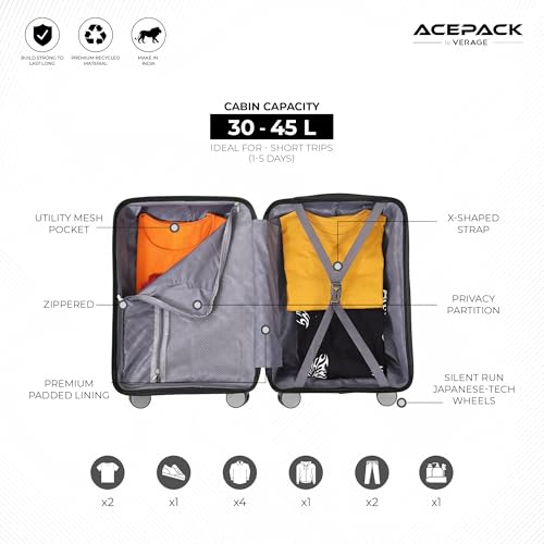 Image of ACEPACK Orion Polypropylene (PP) Cabin Suitcase 55 cm | Lightweight Hard Shell Trolley Bag with 360 Silent Spinner Wheels, Number Lock, Telescopic Handle & Corner Guards | 30-45L Carry-On Luggage