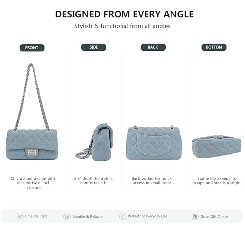 Image of M-ioi-M Quilted Denim Crossbody Bags for Women, Chain Strap Shoulder Bags, Medium Double Flap Purse, Gold Hardware Jean Purse