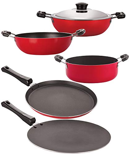 Nirlon 5 Piece 3 Layer Non-Stick Coated Chemical Free Healthy Cookware Essential Item Set with Steel Lid