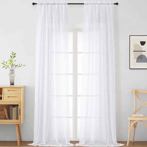 Ebesto White Sheer Curtains for Windows 108 inches Long 2 Panels Set Soft Lightweight Light Filtering Drapes for Living Room Bedroom Dual Rod Pocket Sheer Curtains 2x42Wx108L inches