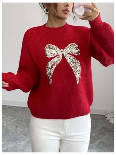 Image of RoseSeek Women's 3D Floral Appliques Crewneck Sweaters Long Sleeve Drop Shoulder Pullovers Elegant Knit Tops