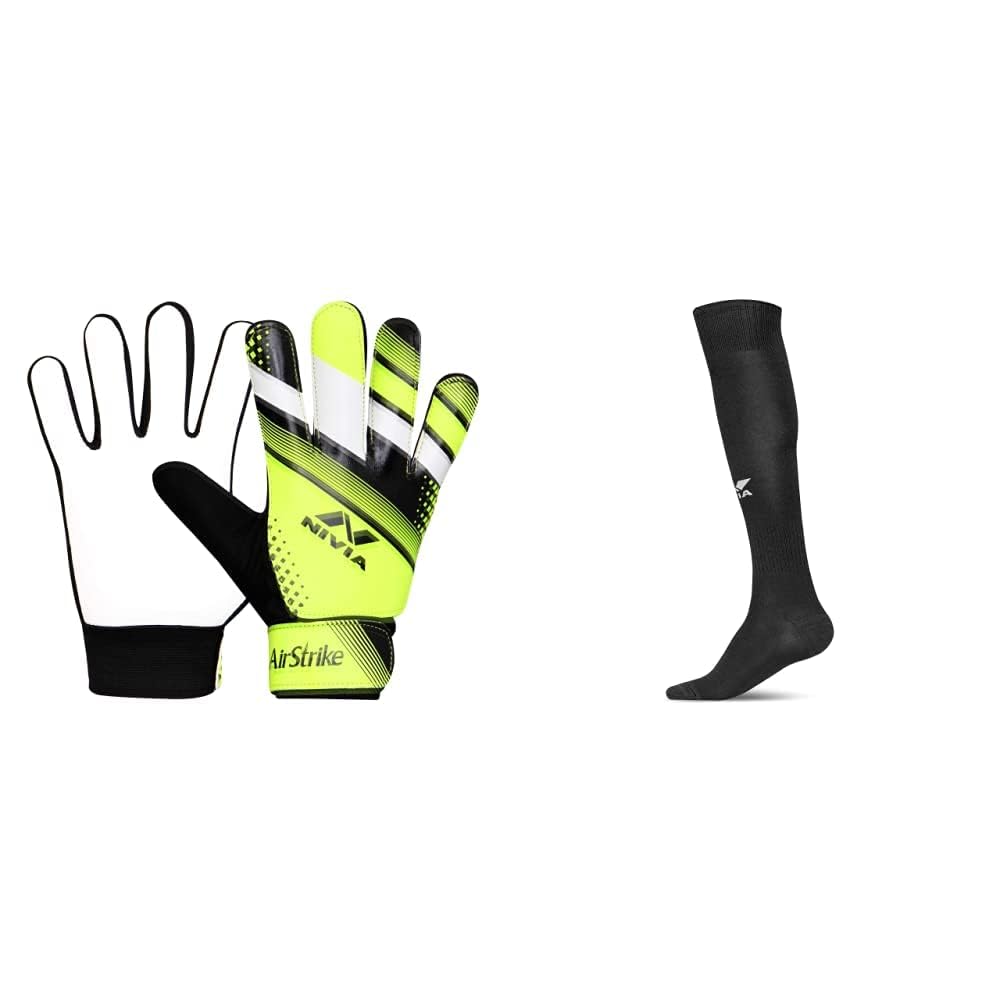 Air Strike Football G/Keeper Gloves (Green) Size-Medium & Nivia Plain Encounter Stockings (L, Black) - Polyester Blend, Unisex,Knee Length, Pack of 1 Pair (B0CKF2KB4Q) Amazon Price History, Amazon Price Tracker