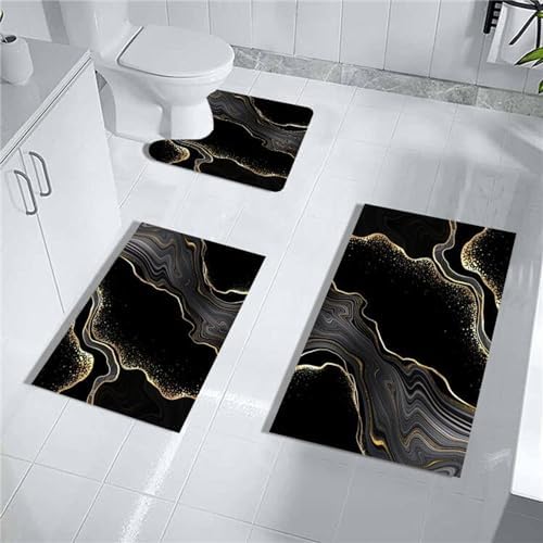 MUGINYU Black Gold Bathroom Mats Sets 3 Piece,Abstract Bath