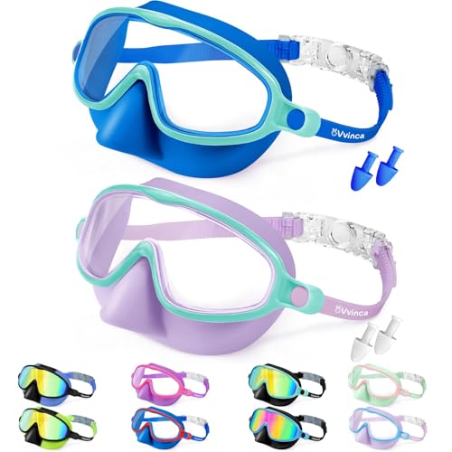 Vvinca 2 Pack Kids Swim Goggles with Nose Cover Wide View Ages 3-14