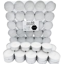 Velas De Té Blancas Sin Perfume. Vela Decoración Hogar Paquete De 50 Unidades. Vela Blanca De Cera Duración De 4 Horas, Velas Decorativas Para Eventos. Tea Lights Candle Pack (PACK 50)