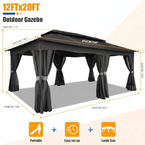 Image of COBIZI 12x20 FT Gazebo Outdoor with Curtains, Heavy Duty Soft Top Gazebo Canopy with Double Roof, Large Metal Frame Gazebos for Patio, Backyard and Deck (Black)