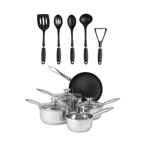 Russell Hobbs 10-Piece Pan & Utensil Set – Milk Pan, 3 Saucepans & Frying Pan, Stainless Steel, Includes Glass Lids, Masher, Slotted Turner, Slotted Spoon, Solid Spoon, Ladle, Durable Nylon Utensils