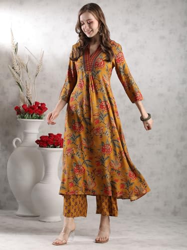 Image of GoSriKi Women's Rayon Viscose Anarkali Printed Kurta with Palazzo & Dupatta