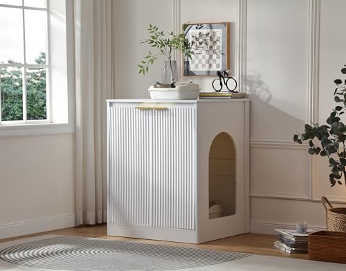 Forest Gravity Large Cat Litter Box Cabinet with Fluted Doors Litter Box Enclosure for self-Cleaning Litter Boxes Power Outlet for Your Cat Robot Cat Washroom Cabinet White