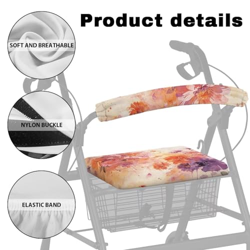 Image of Watercolor Floral Walkers Seat Covers Universal Rollator Accessories Covers Soft Rollator Walker Seat and Backrest Covers for Ladies