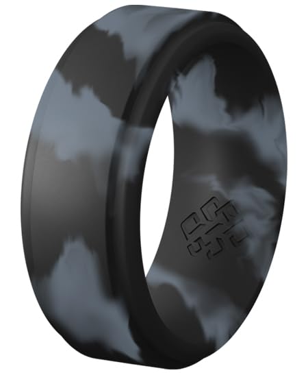 Knot Theory Black Marble Silicone Ring Men - Size 8 Step Edge 9mm Wide Rubber Wedding Band - Gym Workout Weight-Lift Ring