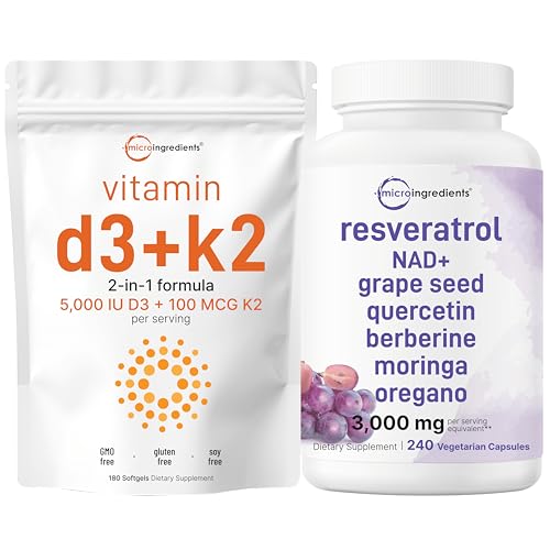 Micro Ingredients Vitamin D3 5,000iu + K2 100mcg Softgels & Resveratrol NAD Supplements 3,000mg Veggie Capsules | 2 Pack Bundle | D & K Sunshine Vitamins | Antioxidant Blend with Quercetin &