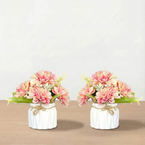 Image of Dekorly Artificial Lavender Plant in White Pot, 18cm - Realistic Faux Flower Arrangement for Home & Office Decor (Set of 1) (2, Chrys Pink Bunch)