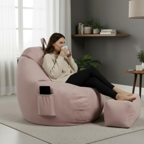 Image of 4XL Suede Bean Bag Chair with Footrest & Cushion | Filled with High Density Polystyrene Beans | Premium Soft Fabric | Teardrop Design with Handle | Ready to Use Color- (ROSE GOLD, Bean Bag)