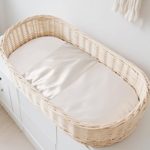 THXSILK Sábana bajera ajustable para moisés, 100% seda de morera, para pelo y cara de bebé, cierre de velcro para fijar el colchón, certificado Öko-Tex, 52 x 56 cm (blanco perla, 1 unidad)