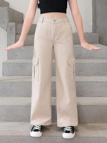 Image of ADBUCKS Stretchable High Rise Cargo Style Wide Leg Jeans for Girls II Girls Jeans
