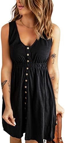 BLENCOT Women's Casual V Neck Sleeveless Button Down Dress Summer Elastic Waist A-Line Swing Tank Dresses Black M