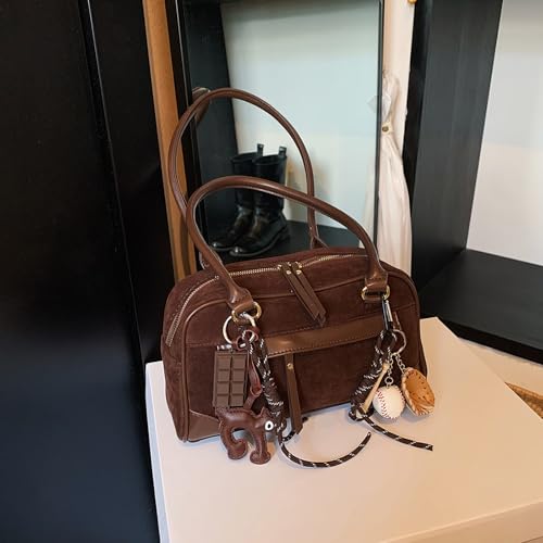 Suede Shoulder Bag For Women Y2k 90s Faux Leather Tote Purse Medium Soft Slouchy Handbag With Pendant Work Travel4