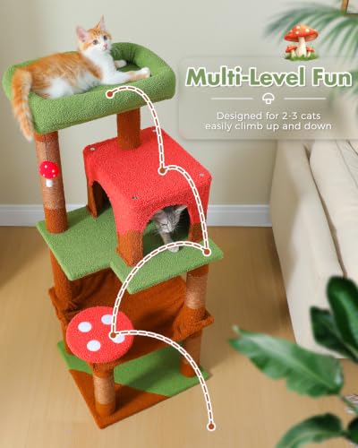 Image of MUTTROS 45.7 inch Mushroom Cat Tree with Metal Hammock, 6 Tiers, Brown | 6-tier shelves, Metal plush hammock, 2-door condo house, Sisal posts, Large top perch, For Small cats
