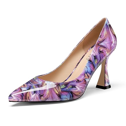 DearOnly Womens Slip-on Sexy Prom Pumps Mid Heel Close Pointed Toe Patent Leather Basic Classic Wedding Office Shoes 3.3 Inches Heels