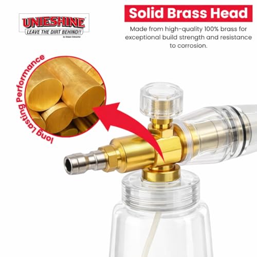 Image of Brass Adjustable Transparent Foam Cannon, 1 Liter Bottle Heavy-Duty Foam Lance, Thick Snow Foam Blaster for Pressure Washer, Car Wash & Detailing Tools