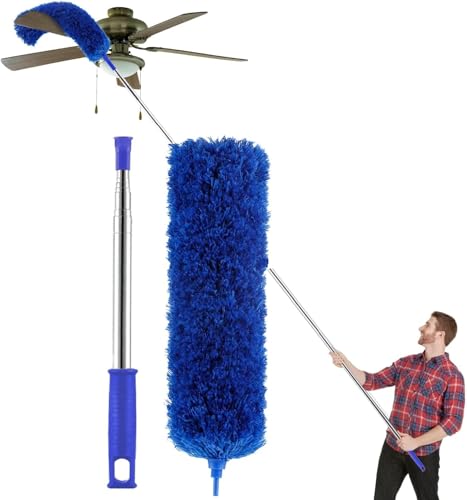 Image of Microfiber Feather Fan Cleaning Duster with 100 inches Expandable Pole & Bendable Duster Head for Dusting High Ceiling Cobweb Fans Window Blinds Furniture Home Dust Cleaner Mop Stick