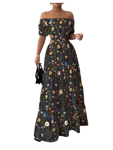 OYOANGLE Women's Floral Print Off The Shoulder Short Sleeve Boho Maxi Dress Cut Out Ruffle A Line Dresses Black Medium