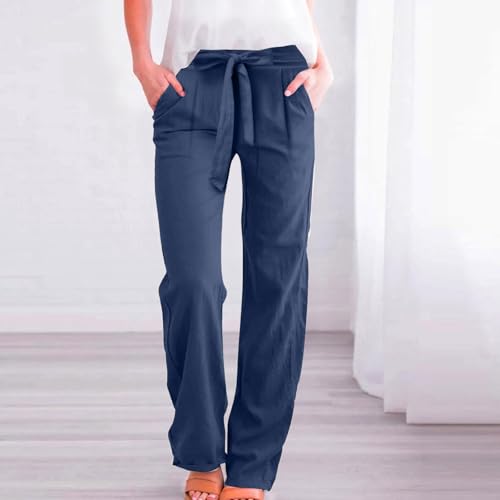 Wide Leg Dress Pants for Women Knot Tie Plus Size Linen Pants Lightweight Summer High Waisted Work Pants with Pockets2