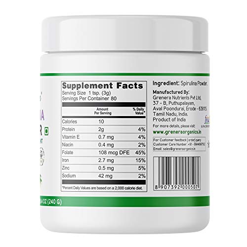 Grenera Spirulina Powder 240 gram, Naturally grown, Vegan, Rich in Protein