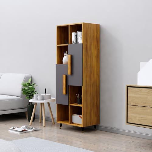 Image of Bniture Bookshelf for Home | Engineered Wood Book Shelf with 2 Door & 6 Shelf | Open Book Shelf Stand for Library | Multipurpose Display Organizer for Living Room & Study | Giant Wood & Slate Grey