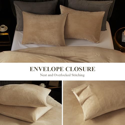 Ivellow Velvet Duvet Cover Queen Set Khaki Velvet Duvet Cover Queen Comforter Cover 3Pcs Ultra Soft Duvet Cover Breathable Solid Luxury Flannel Velour Duvet Cover Zipper Closure Corner Tie