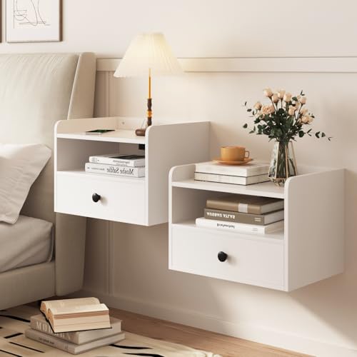 Floating Nightstand Set of 2 Modern Night Stands with Drawer and Open Shelf Cubby Small Bedside End Table with Charging Station Wall Mounted Nightstands Set 2 for Bedroom White