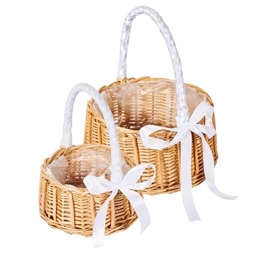 ADEPTNA Wicker Rattan Flower Basket Handle Wedding Flower Girl Hand Basket Handmade with Bow - Woven Eggs Candy Basket for Wedding Party Easter Christmas Home Decoration (2PCS (LARGE + MEDIUM))
