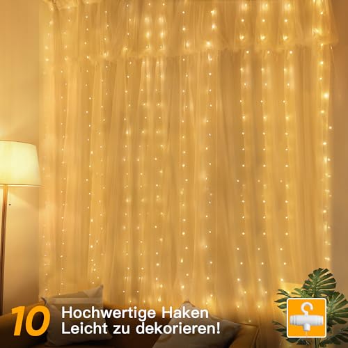 Ollny LED Lichtervorhang 2x2m, 200 LEDs Lichtervorhang innen USB warmweiß, Lichterkette Vorhang fenster mit 10 Haken, für innen und außen Ramadan Deko Hochzeit Party Wand Balkon(kein Stecker)
