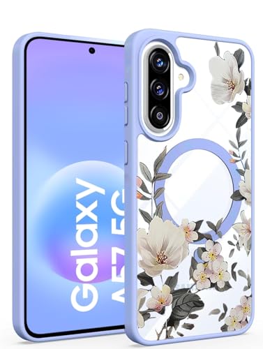 Image of VONZEE Compatible with Samsung Galaxy A57 5G Back Case Luxury Retro Flowers Floral Clear for Magnetic Wireless Charging Case Shockproof PC+TPU Cute Glossy Shiny Cover for Girls Women, Official Blue
