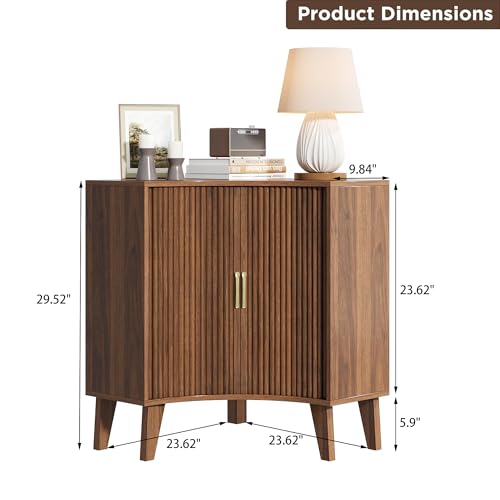 Image of Fluted Corner Cabinet, Small Corner Floor Cabinet with 2-Sliding Doors and Adjustable Shelves, Freestanding Narrow Organizer for Small Space,Living Room, Dining RoomBathroom.Walnut