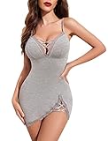 Avidlove Women's Lingeries Sexy Sleepwear V Neck Babydoll Chemise Nightgown Lace Night Gown Sleep Lingerie Dress(Grey L)