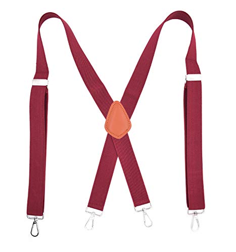 LEVAO Mens Suspender Heavy Duty X-Back 1.4 Inch Solid Color Adjustable Braces with 4 Snap Hooks Wine