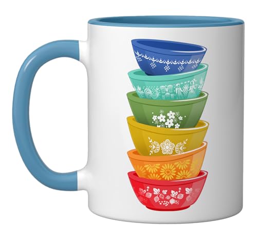 Vintage Pyrex Bowls, Rainbow, Retro Kitchen Ceramic Mug, Blue/White