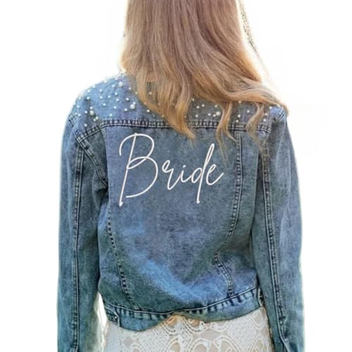 Embroidered Bridal Pearl Denim Jacket, Large Embroidery - Bride, Bridal Gift, Bachelorette Party Jacket, Wedding Gift, Bachelorette Party Anniversary (M)