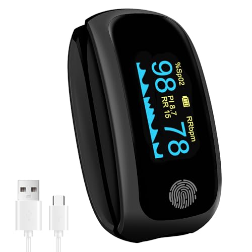 Rechargeable pulse oximeter with respiration with O2 Pulse Rate PI RR Respiratory Accurate Reliable Oximeter SpO2 Reading Not for medical use Black