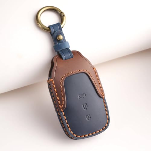 Image of Keyzone Dual Leather Key Cover for Toyota Fortuner, Legender, Land Cruiser, Innova HyCros, 3 Button Smart Key (Blue-Brown)