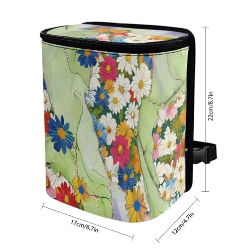 Image of Hippie Flower Green Marble Car Trash Can Bin with Lid,Colorful Groovy Flower Hanging Automotive Garbage Cans Portable Waste Basket Automotive Interior Organizer Accessory